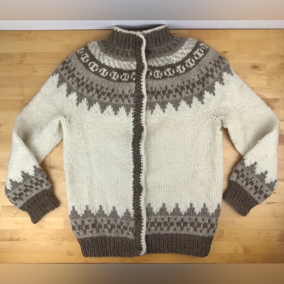 SOLD-Vtg Fair Isle Chunky Wool Cardigan Sweater Handmade M/L Brown Neutral Cream - Picture 1 of 16